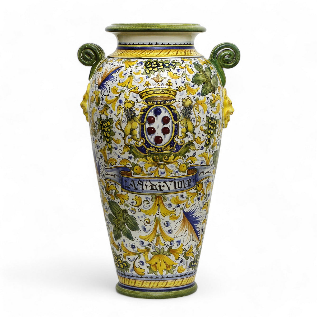 MAJOLICA CAFFAGIOLO: Masterpiece Tall Anphorae Urn double handled with lion heads.