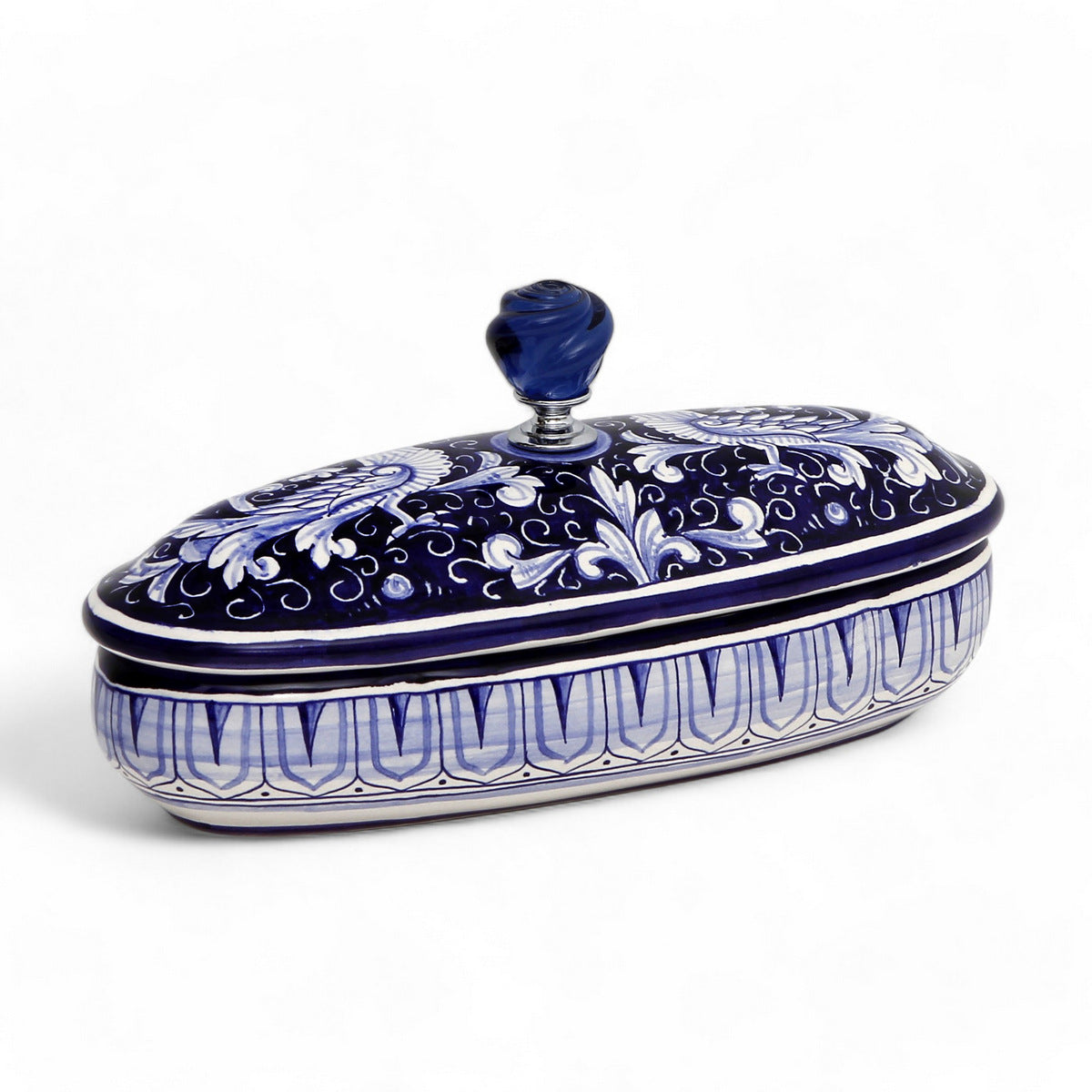 JEWERLY BOX: Authentic Deruta with Murano Knob - Oval DERUTA FONDO BLU design