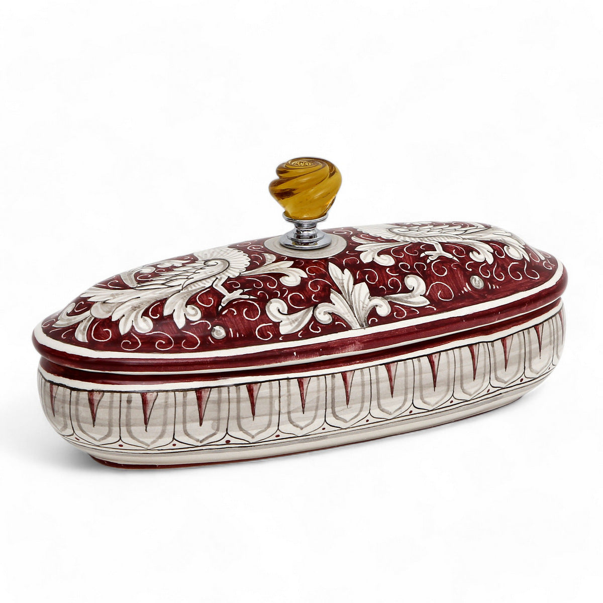 JEWERLY BOX: Authentic Deruta with Murano Knob - Oval DERUTA FONDO ROSSO design