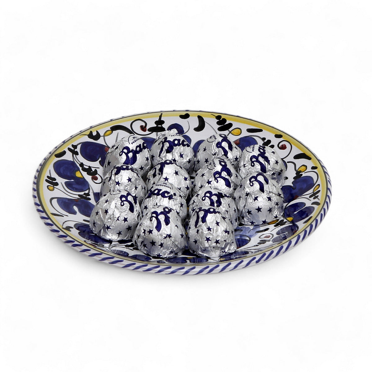 LOVE.ly Deruta Small Round Plate with 12 Baci Perugina - ORVIETO BLUE ROOSTER design