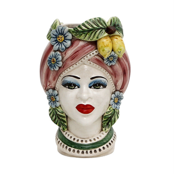 CALTAGIRONE: Sicilian Moorish Head Vase - Woman with Pink Turban + Lem 