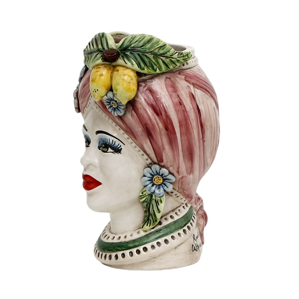 CALTAGIRONE: Sicilian Moorish Head Vase - Woman with Pink Turban + Lem 