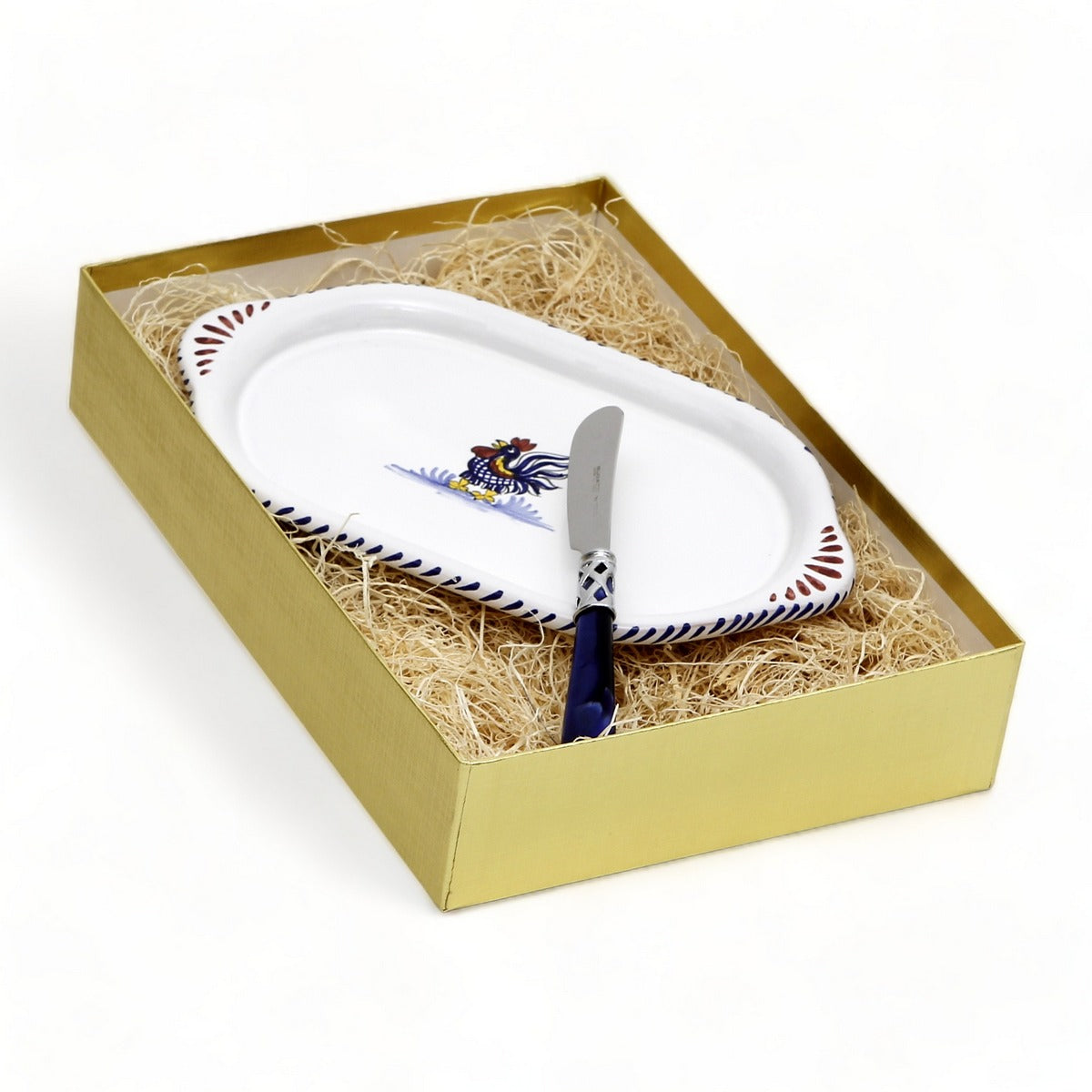 GIFT BOX GOLD: With authentic Deruta hand painted ceramic - ORVIETO BLUE ROOSTER: Oval/Oblong Small Tray With Spreader