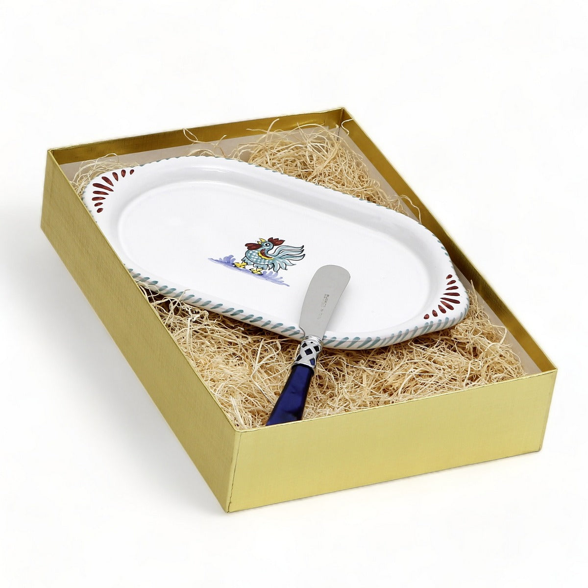 GIFT BOX GOLD: With authentic Deruta hand painted ceramic - ORVIETO GREEN ROOSTER: Oval/Oblong Small Tray With Spreader