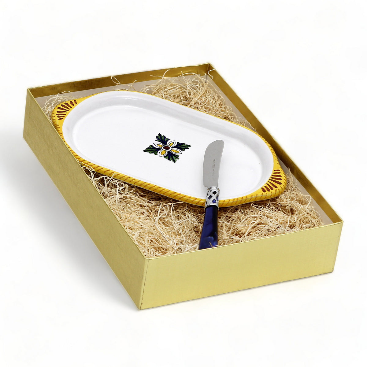 GIFT BOX GOLD: With authentic Deruta hand painted ceramic - RAFFAELLESCO: Oval/Oblong Small Tray With Spreader