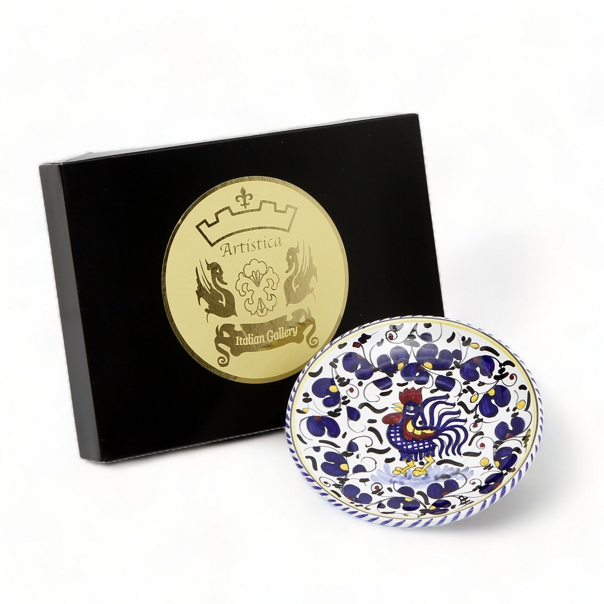 GIFT BOX GOLD LOGO: With authentic Deruta hand painted ceramic - ORVIETO BLUE ROOSTER: Canape/Bread & Butter Plate