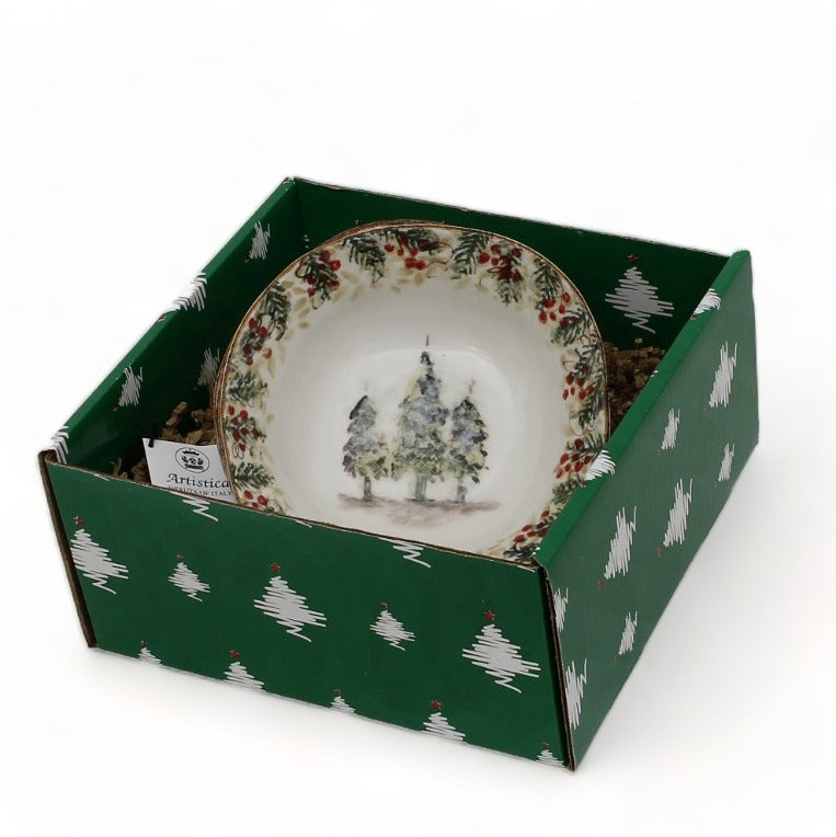 GIFT BOX CHRISTMAS: Green Gift Box with Arte Italica Natale Cereal Bowls (Set of 4 pcs)