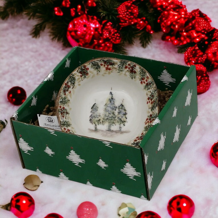 GIFT BOX CHRISTMAS: Green Gift Box with Arte Italica Natale Cereal Bowls (Set of 4 pcs)