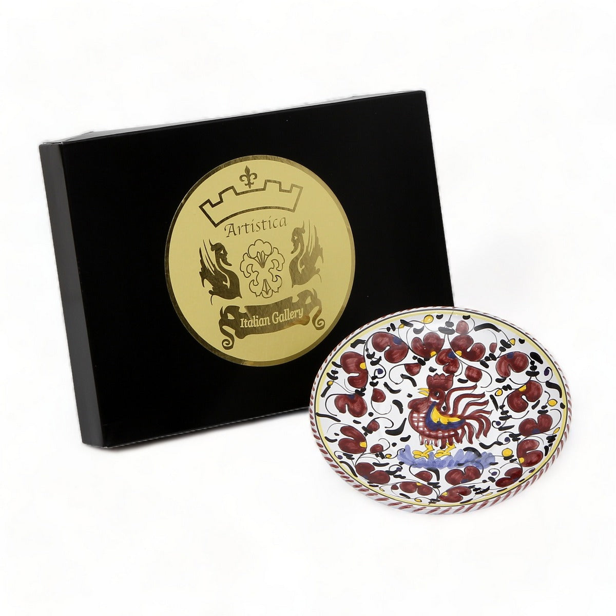 GIFT BOX GOLD LOGO: With authentic Deruta hand painted ceramic - ORVIETO RED ROOSTER: Canape/Bread &amp; Butter Small Plate