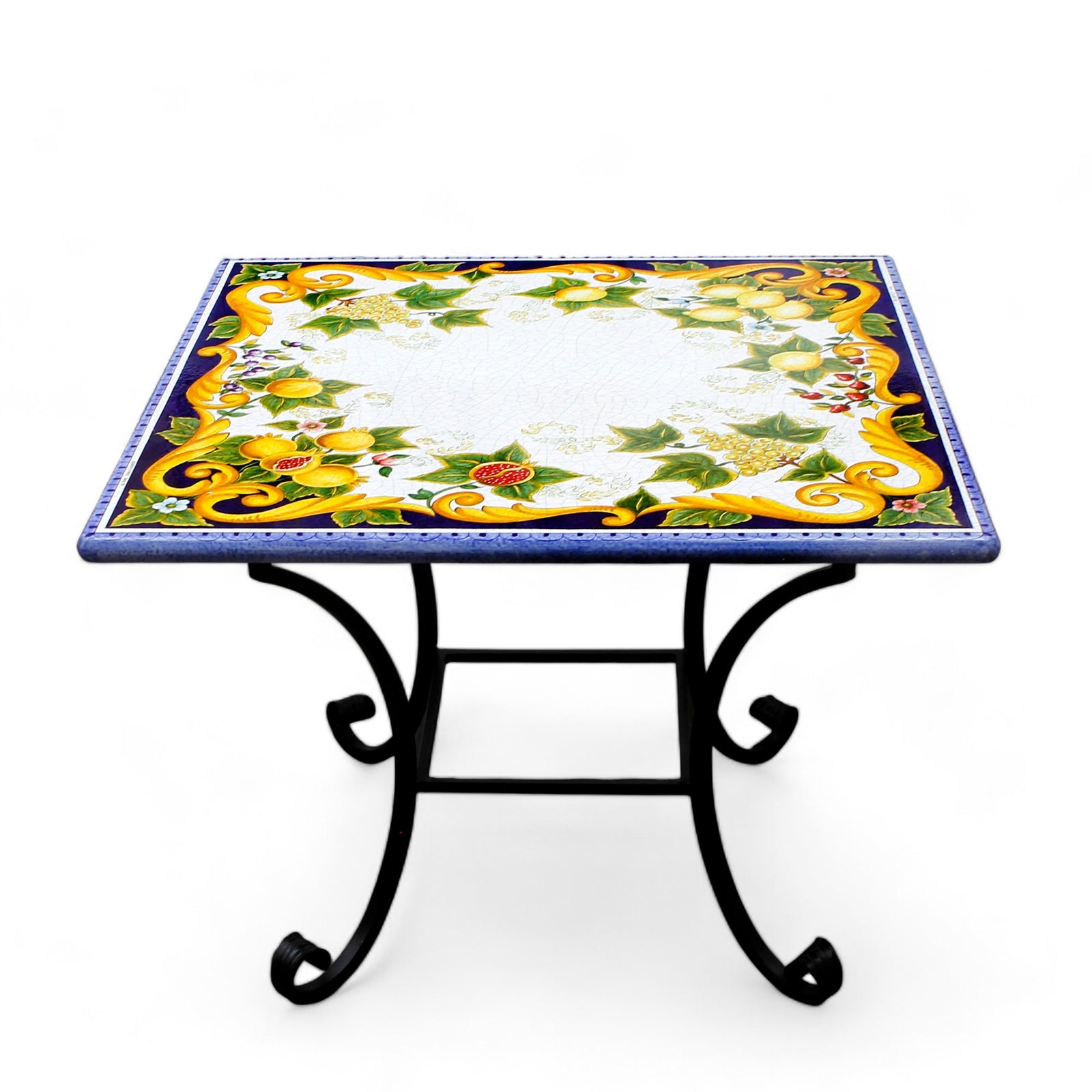 CERAMIC STONE TABLE SQUARE + IRON BASE: POSITANO VIETRI AMALFI Design with Blue Rim