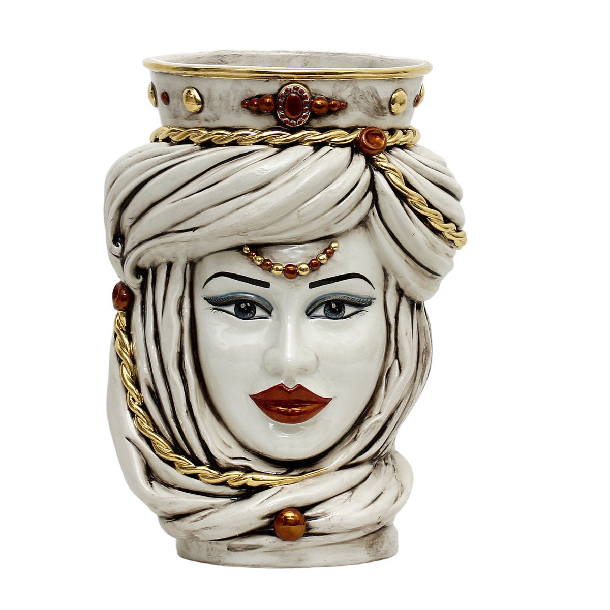 CALTAGIRONE: Moorish Sicilian Head Vase - Woman Antiqued White glaze w 