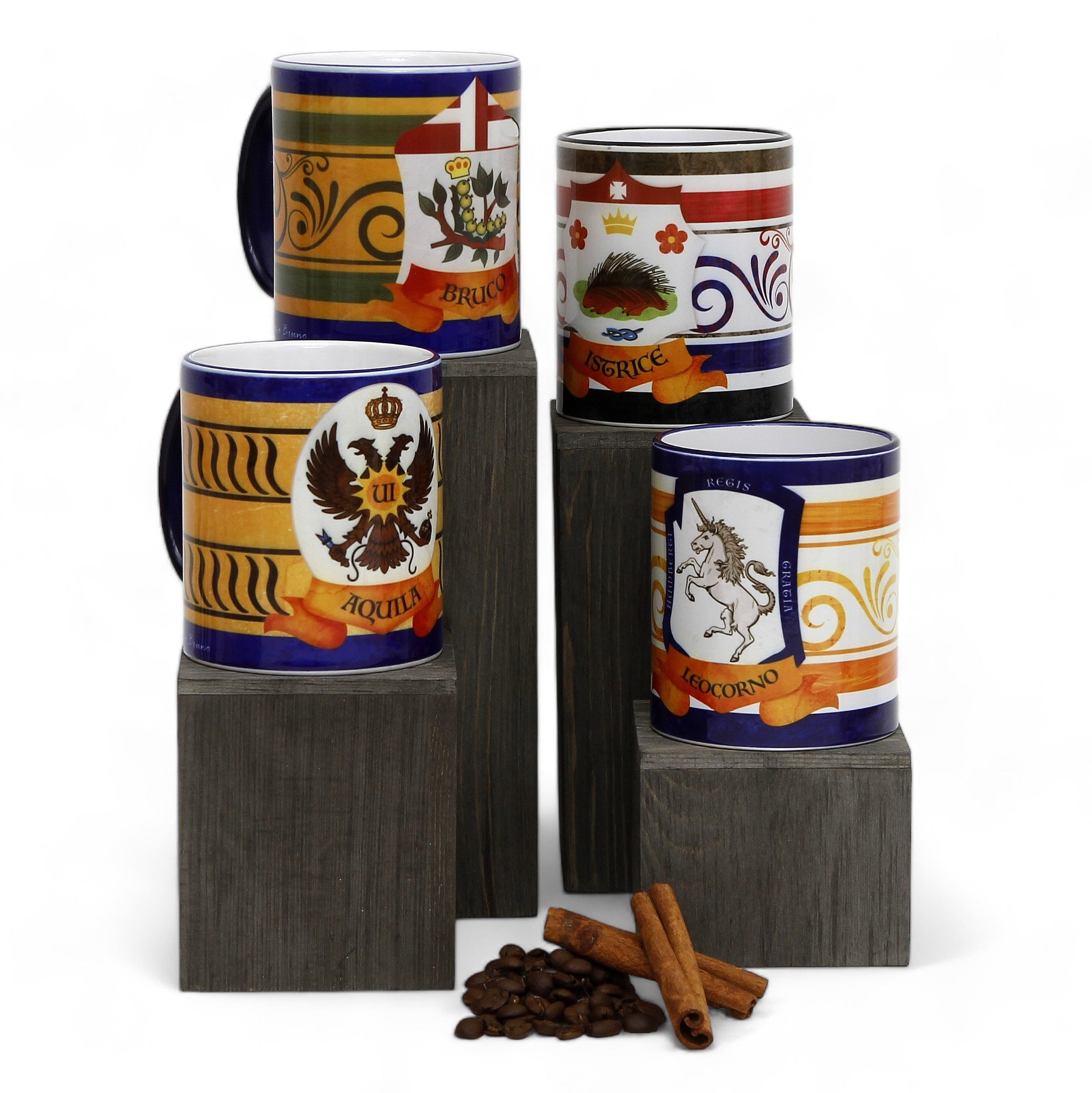 SUBLIMART: Palio di Siena Porcelain printed mug Set of 4 bundle: AQUILA+BRUCO+ISTRICE+LEOCORNO