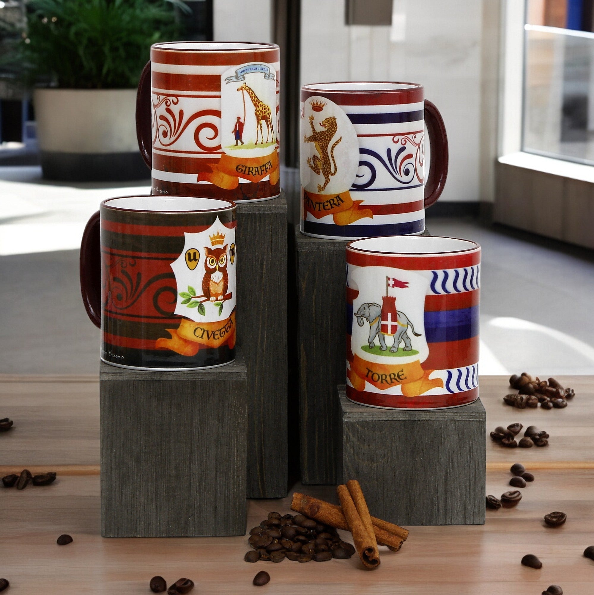 SUBLIMART: Palio di Siena Porcelain printed mug Set of 4 bundle: CIVETTA+GIRAFFA+PANTERA+TORRE