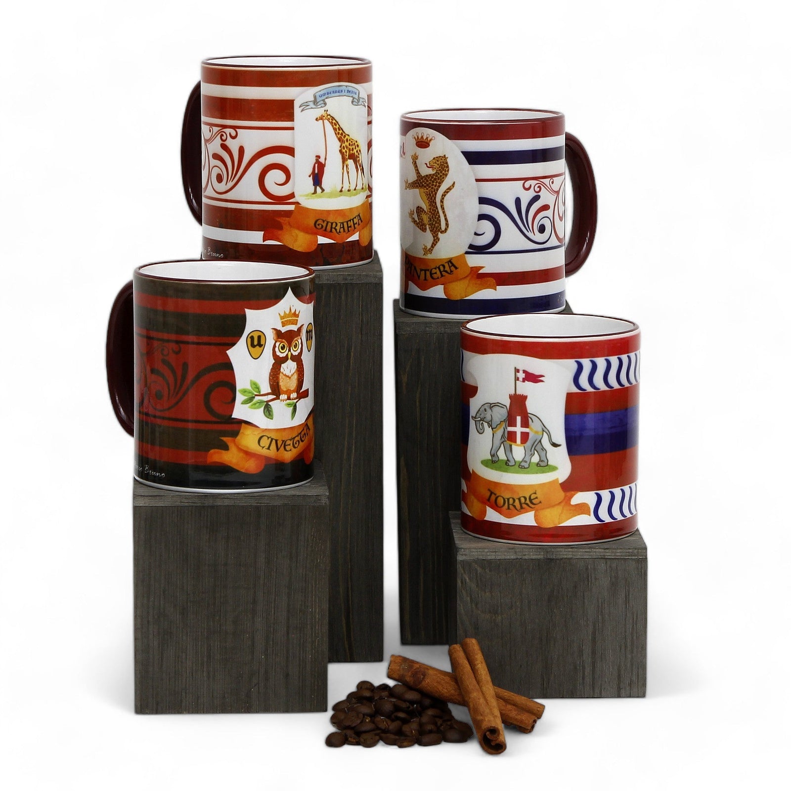 SUBLIMART: Palio di Siena Porcelain printed mug Set of 4 bundle: CIVETTA+GIRAFFA+PANTERA+TORRE