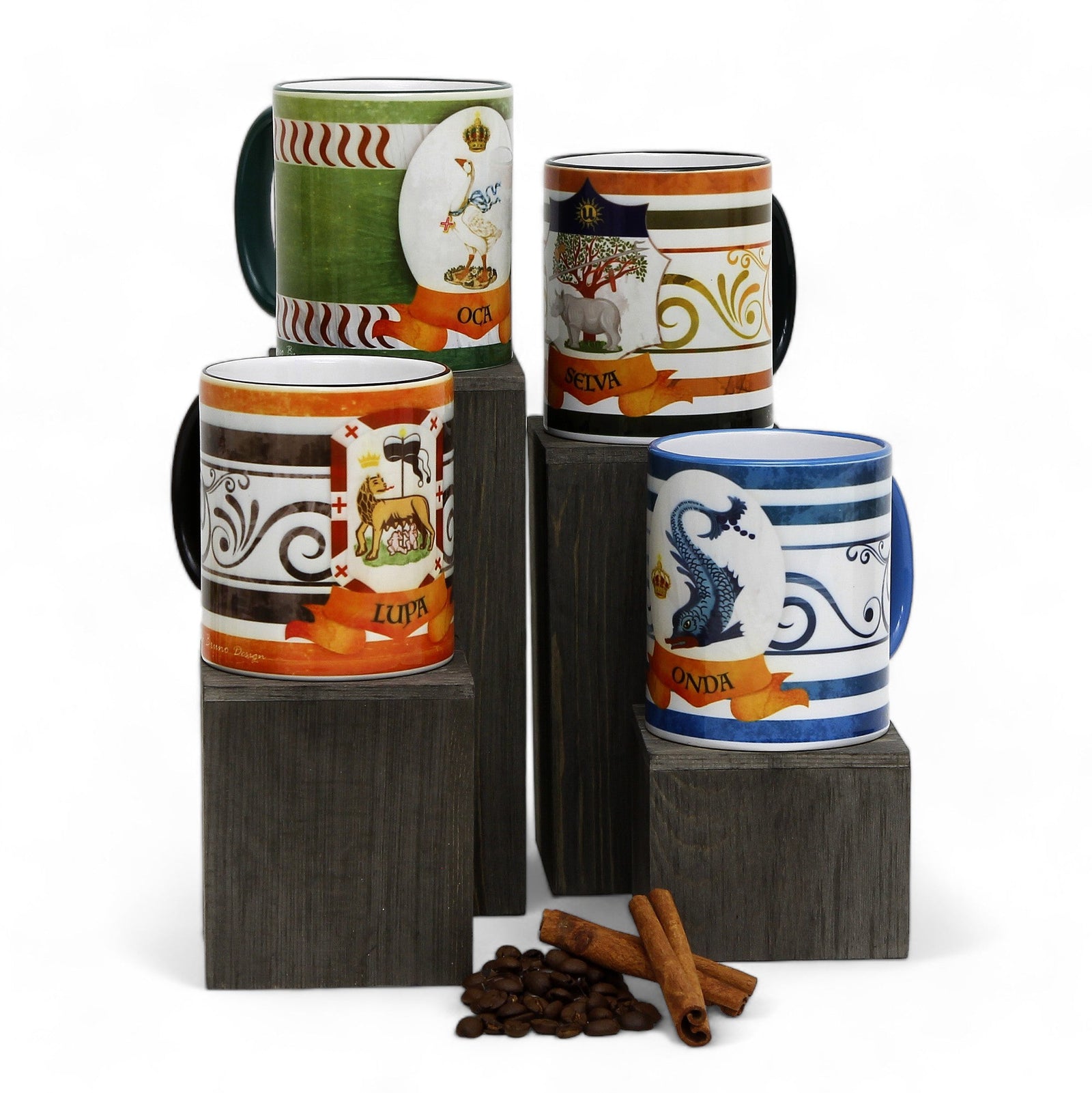 SUBLIMART: Palio di Siena Porcelain printed mug Set of 4 bundle: LUPA+OCA+SELVA+ONDA