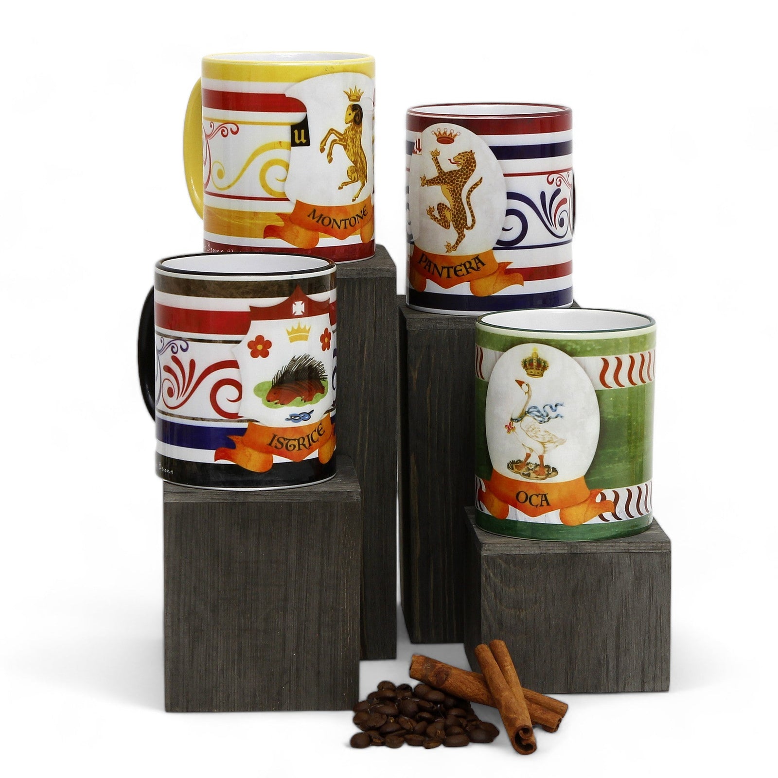 SUBLIMART: Palio di Siena Porcelain printed mug Set of 4 bundle: ISTRICE+MONTONE+PANTERA+OCA