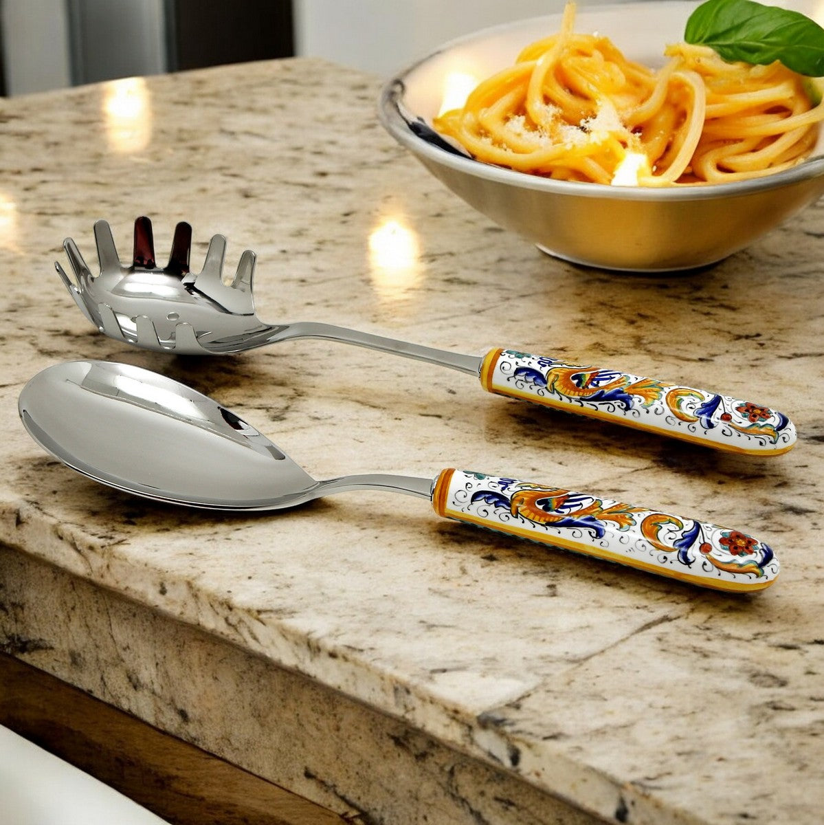 RAFFAELLESCO DELUXE: Ceramic Handle Spaghetti Tong and Risotto Spoon Ladle SET with 18/10 stainless steel cutlery.