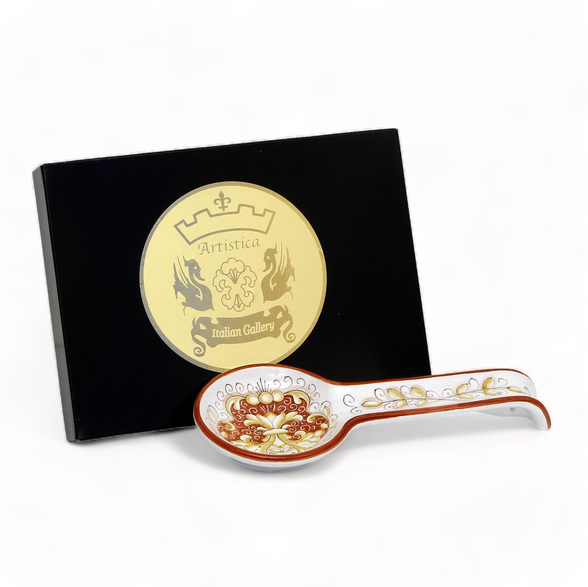 GIFT BOX GOLD LOGO: With authentic Deruta hand painted ceramic - ORVIETO RED ROOSTER: Spoon rest Solid Rim Design