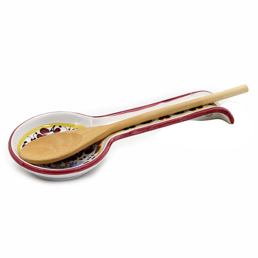 GIFT BOX GOLD LOGO: With authentic Deruta hand painted ceramic - ORVIETO RED ROOSTER: Spoon rest Solid Rim Design