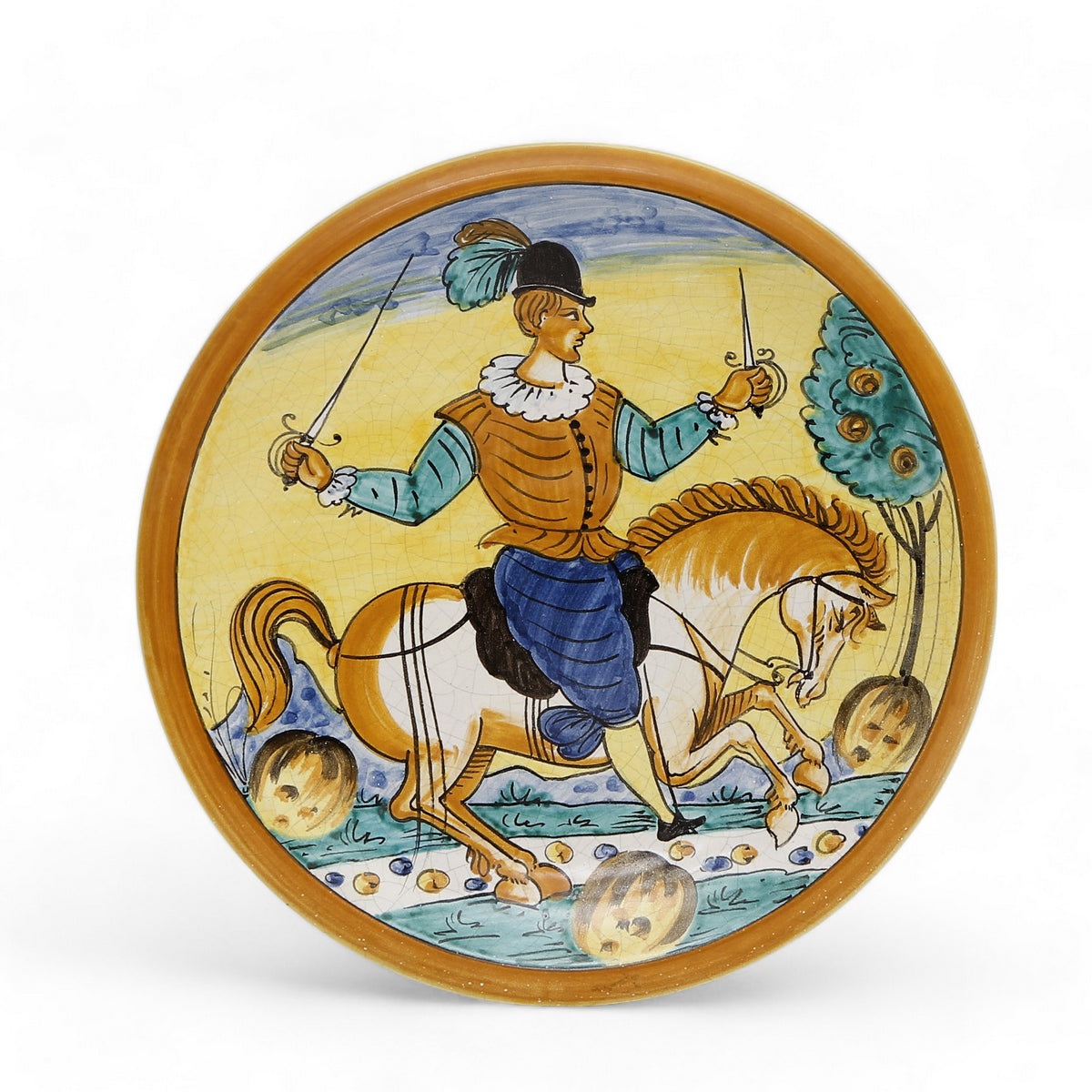 TUSCAN MAJOLICA: Medium wall plate featuring equestrian medieval man (14&quot; DIAM)