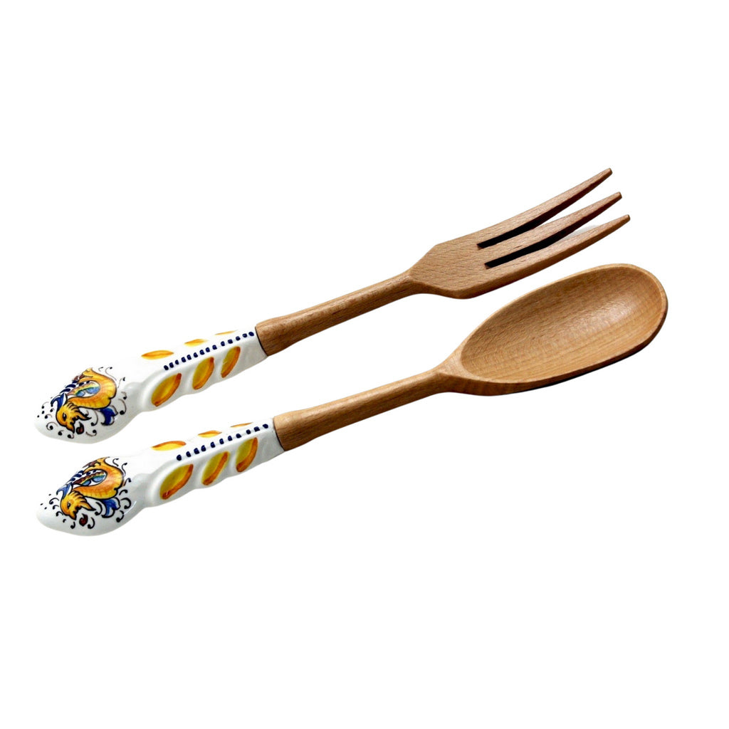 UTENSIL SET: RAFFAELLESCO Design - Hard Wood with Hand Painted Ceramic Handle (Pair Set) [R] - Artistica.com