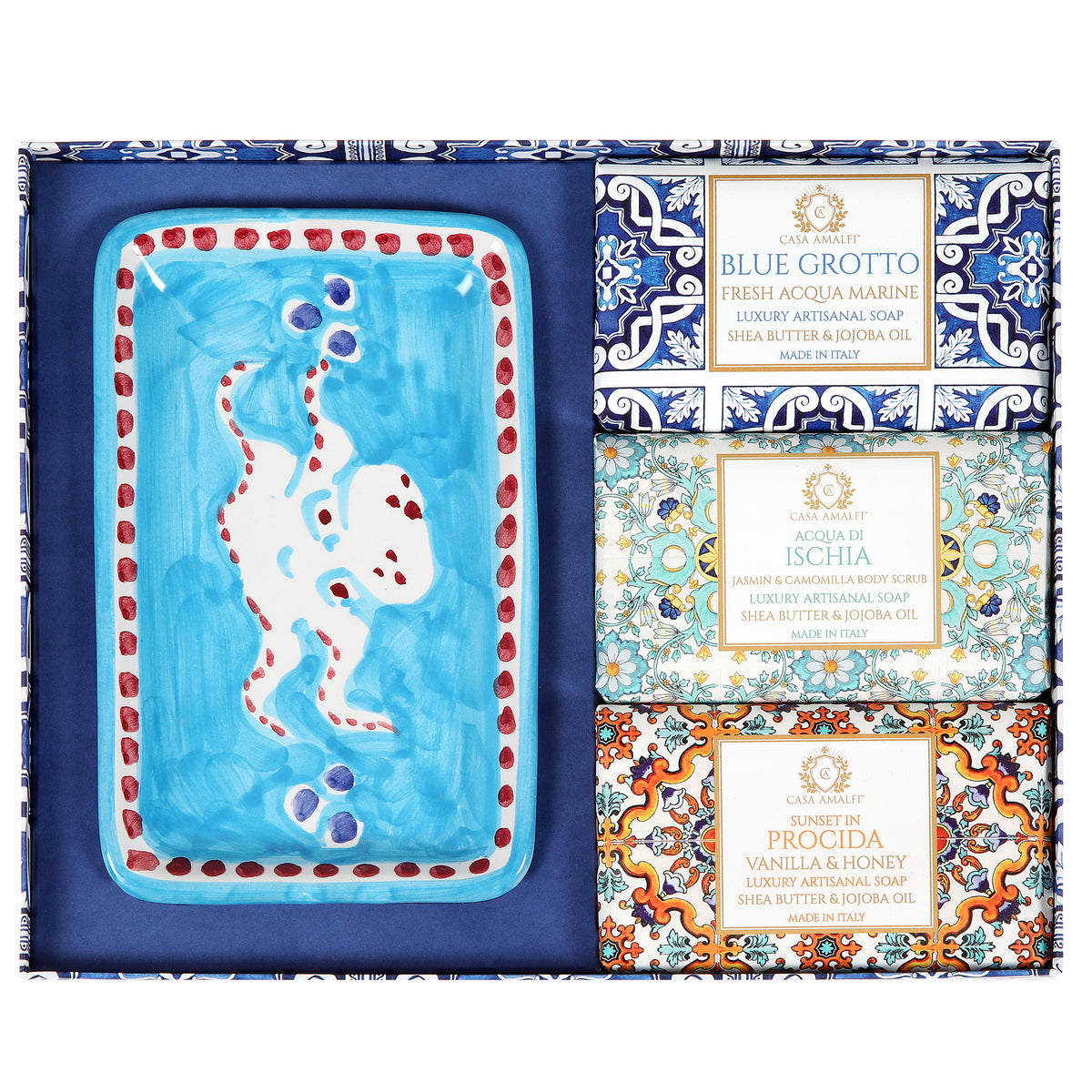 CASA AMALFI SOAPS: Scented Soap Bars with ceramic soap dish - Blue Majolica Set - Artistica.com