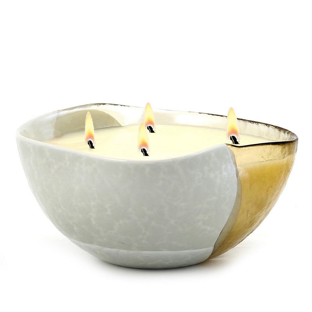 MURANO GLASS: Sq Bowl four wicks candle Sand on Pearlized Clear Glass ...