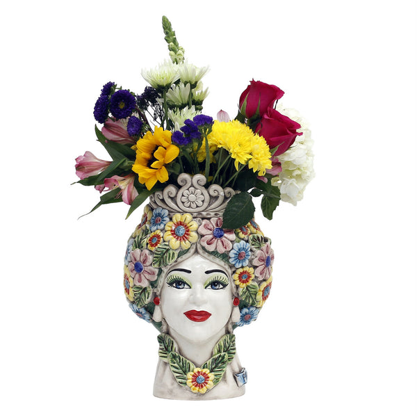 CALTAGIRONE: Sicilian Moorish Head Vase - Woman with Pink Turban + Lem 