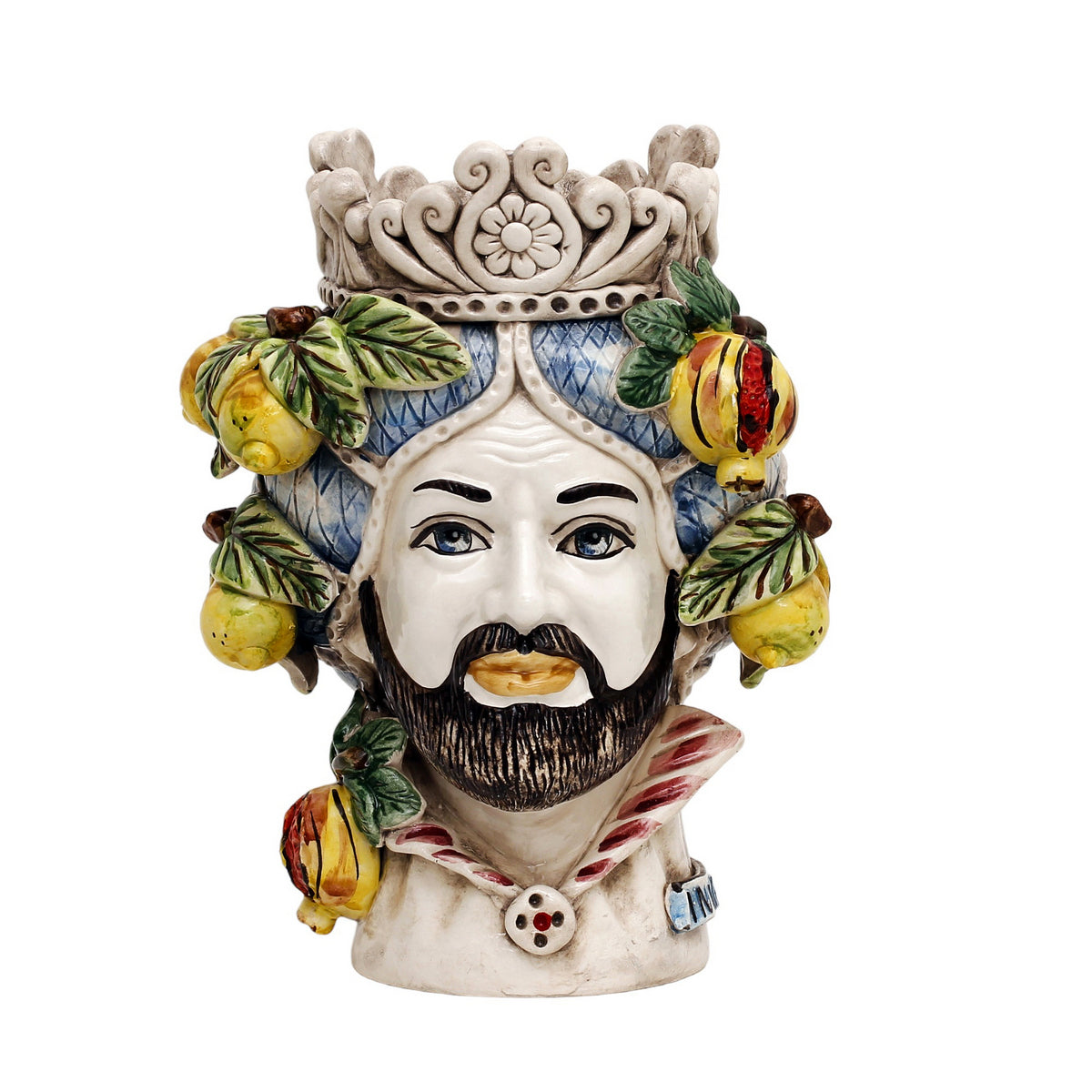 CALTAGIRONE: Sicilian Moorish Head Vase - Man with Winter Fruits (Medium 12" H.) - Artistica.com