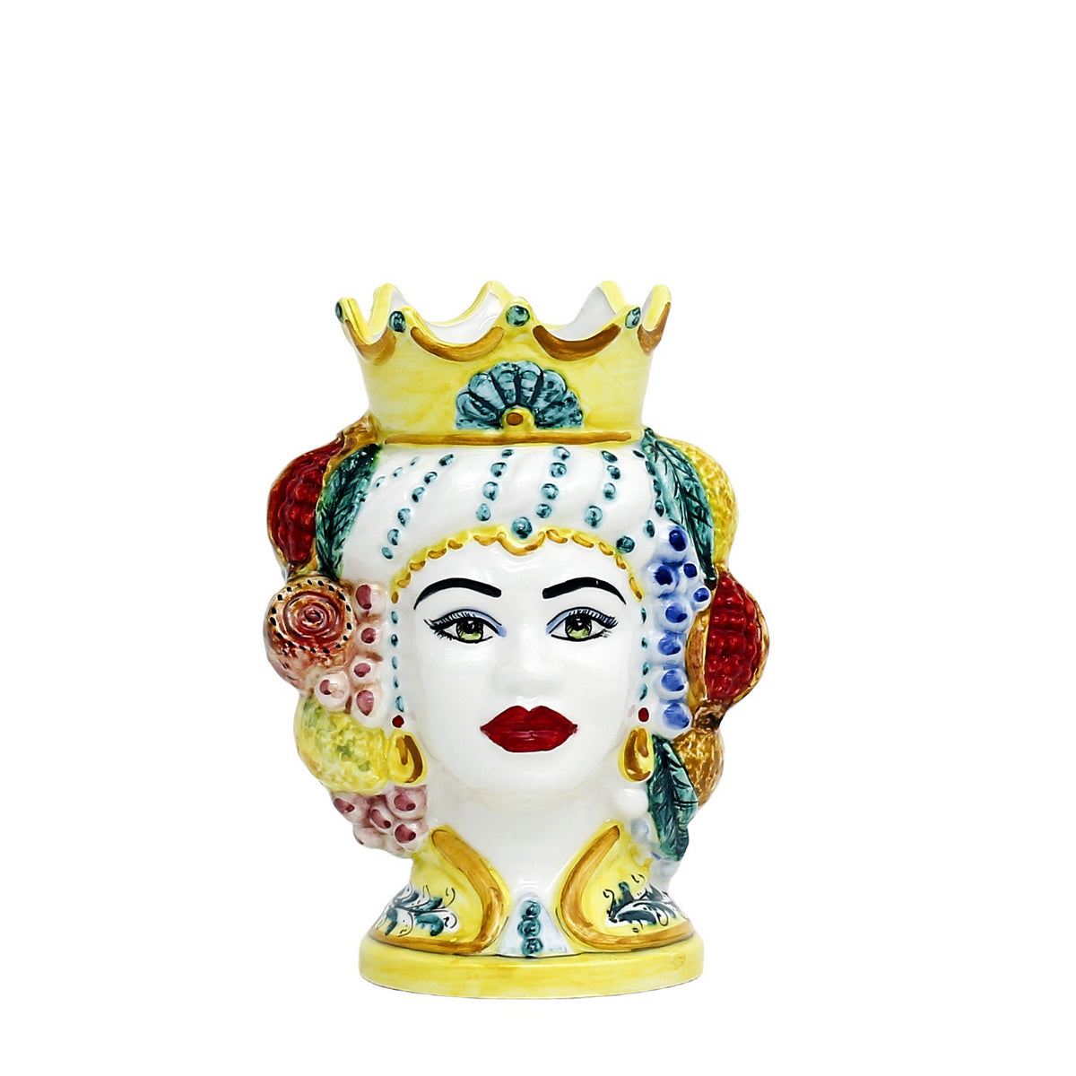 CALTAGIRONE: Sicilian Moorish Head Vase - Woman with Crown & fruit (Small 7.5" H.) - Artistica.com