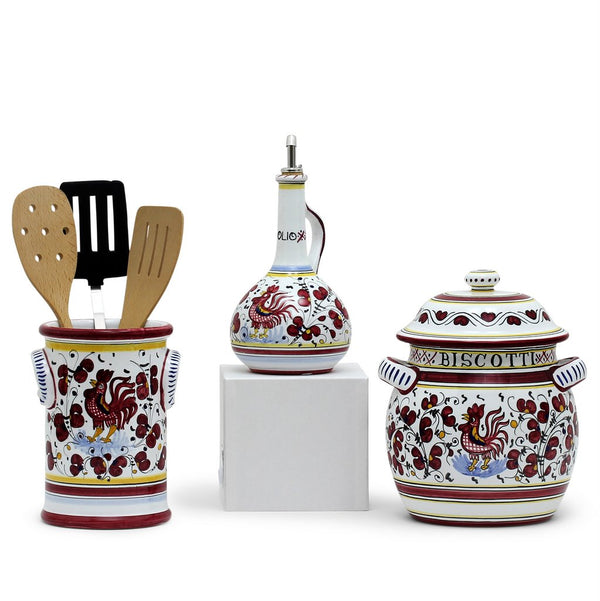 ORVIETO RED ROOSTER: Bundle with Utensil Holder + Olive Oil Dispenser 