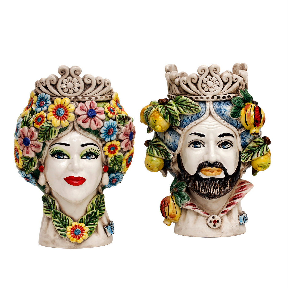 CALTAGIRONE: Sicilian Moorish Head Vase - SET OF TWO Spring & Winter Designs. (Medium 12" H.) - Artistica.com